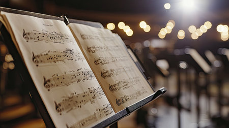 An open sheet of music displayed on a stand captures the essence of a concert setting, featuring warm lights and a blurred background, inviting creativity and artistry.の素材