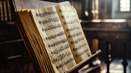 Open sheet music rests on a wooden stand in an atmospheric church interior, capturing the essence of musical tradition with soft light enhancing the aged pages.の素材