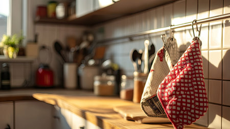 A cozy kitchen scene bathed in soft natural light featuring hanging towels, a wooden countertop, and various kitchen utensils, ideal for home and cooking inspirations.の素材