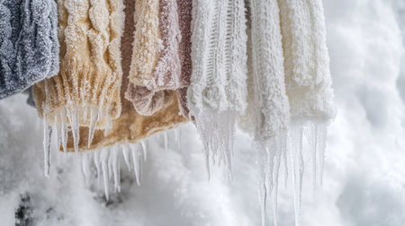 A collection of beautifully knitted scarves hangs outdoors, showcasing intricate patterns. Icicles form at the edges, creating a stunning winter scene filled with warmth.の素材