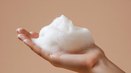 A close-up shot of soft white foam resting in a hand, showcasing concepts of cleanliness and skincare. The minimalist beige backdrop emphasizes softness and purity.の素材