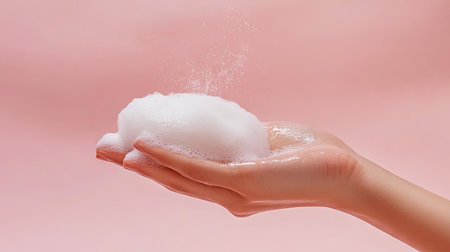 A delicate hand holds a soft, fluffy foam against a pastel pink background, emphasizing beauty, cleanliness, and a refreshing skincare routine in a minimalist setting.の素材