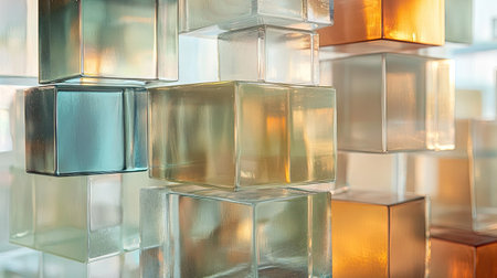 A stunning collection of colorful glass blocks creates a captivating visual display, emphasizing light reflection and unique textures in a contemporary design setting.の素材