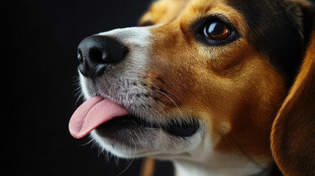 This captivating close-up of a beagle showcases its playful personality and curiosity, featuring a charming expression and its tongue playfully sticking out.の素材