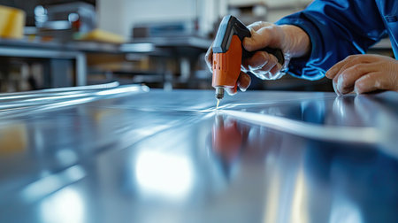 A craftsman skillfully uses a glue gun in a modern workshop, applying adhesive to a shiny metal surface. The blurred background highlights the focus on precision and craftsmanship.の素材