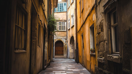 Explore a serene narrow alleyway in a charming European village, showcasing colorful buildings and a captivating wooden doorway nestled within cobblestone paths.の素材