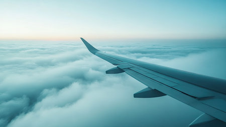 Experience the tranquil beauty of flying as the airplane wing glides over soft clouds during sunset, creating an idyllic view perfect for wanderlust and adventure.の素材