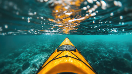 A close-up of a kayaker's paddle cutting through calm, transparent sea water, with the ocean floor visible beneath the surface.の素材