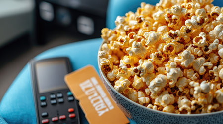 A large bowl filled with sweet kettle corn, placed beside movie tickets and a remote control, creating a perfect movie night vibe.の素材