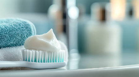 A fresh dollop of toothpaste on an electric toothbrush head, with a towel and other bathroom essentials in soft focus.の素材