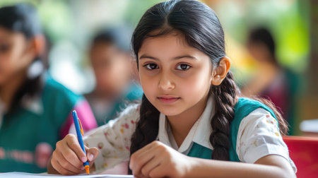 A student wearing a traditional school uniform, writing notes during class, focused and engaged in their work.の素材