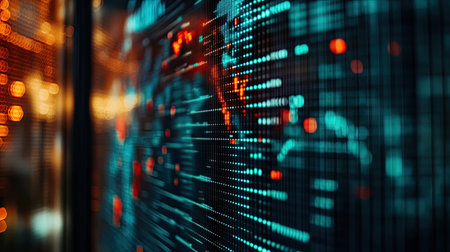 Close-up of stock market data on a computer screen with a world map in the background, symbolizing global finance and exchange markets.の素材