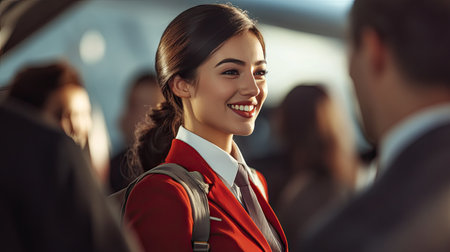 A friendly air hostess giving instructions to passengers as they exit the plane, thanking them with a warm, professional smile.の素材