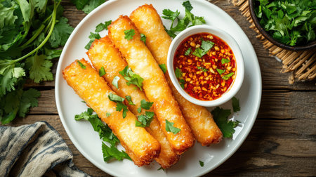 Golden brown deep-fried dough sticks being served on a white plate, with a side of chili dipping sauce and fresh herbs, set on a wooden kitchen table.の素材