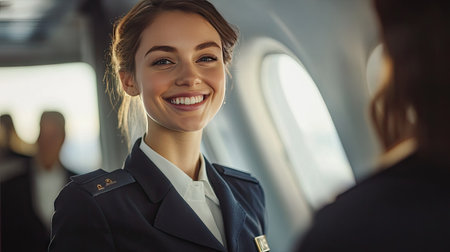 A friendly air hostess giving instructions to passengers as they exit the plane, thanking them with a warm, professional smile.の素材