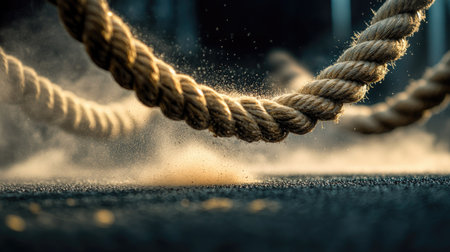 A close-up of battle ropes moving in powerful arcs, with dust rising from the gym floor, showing the intensity of the workout.の素材