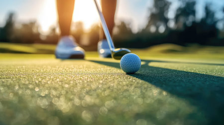 A close-up shot of a golfer lining up a putt with a ball and putter inches away from the hole, on a perfectly smooth green.の素材