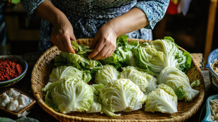 A traditional Korean kitchen scene with a woman preparing cabbage kimchi, her hands massaging the chili paste into the cabbage leaves on a large tray.の素材