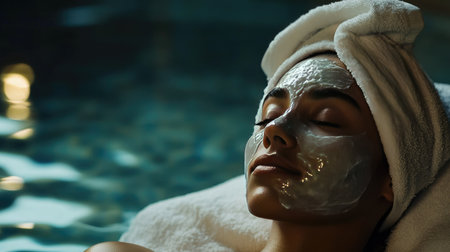 A serene spa scene with a womans face covered in a hydrating mask, as she relaxes with a towel wrapped around her head and gentle music playing in the background.の素材