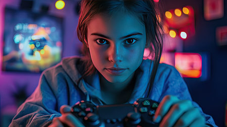 A person with a focused expression holding a video game controller, mid-game, with colorful gaming posters and lights behind them.の素材