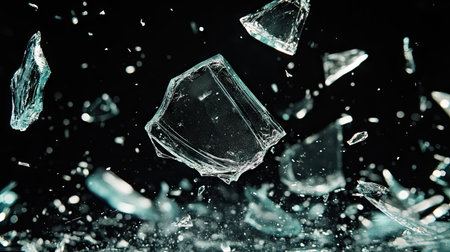 A dramatic shot of broken glass shards flying mid-air against a black background.の素材