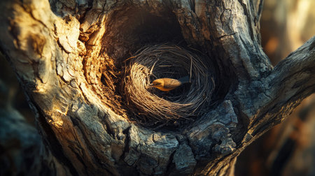 A dry bird nest inside a hollow tree trunk, with cracks in the bark and dappled sunlight streaming through, creating a peaceful nature scene.の素材