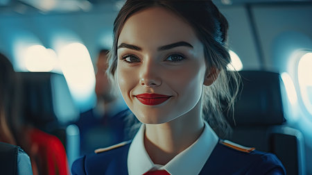 An air hostess demonstrating safety instructions to passengers, with focus on her friendly expression and professional uniform.の素材