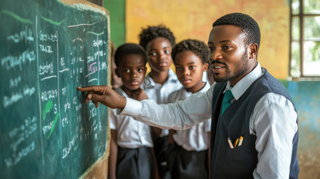 A teacher interacting with a group of students in school uniforms, pointing to a chalkboard as they listen attentively.の素材