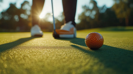 A close-up shot of a golfer lining up a putt with a ball and putter inches away from the hole, on a perfectly smooth green.の素材