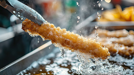 A deep-fried dough stick being lifted from hot oil with tongs, golden and crispy, with bubbles of oil surrounding it in a street food setting.の素材