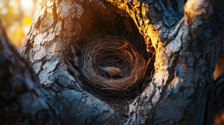 A dry bird nest inside a hollow tree trunk, with cracks in the bark and dappled sunlight streaming through, creating a peaceful nature scene.の素材