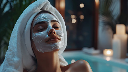 A serene spa scene with a womans face covered in a hydrating mask, as she relaxes with a towel wrapped around her head and gentle music playing in the background.の素材