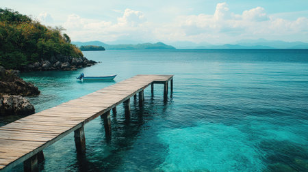 A tranquil island retreat with a wooden pier extending out into the ocean, surrounded by turquoise waters and a peaceful horizon.の素材