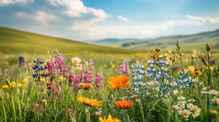 Close-up of colorful wildflowers in a meadow, with a backdrop of rolling hills and a bright summer sky, showcasing the beauty of nature.の素材