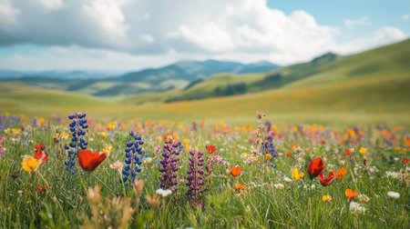 Close-up of colorful wildflowers in a meadow, with a backdrop of rolling hills and a bright summer sky, showcasing the beauty of nature.の素材