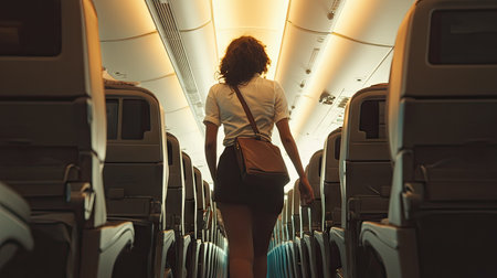 A candid shot of an air hostess walking down the airplane aisle, checking on passengers and ensuring a smooth flight experience.の素材