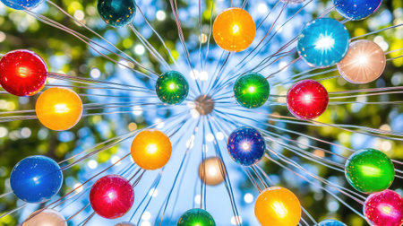 A chaotic but visually appealing composition of multicolored spheres in motion, with random trajectories and different materials.の素材