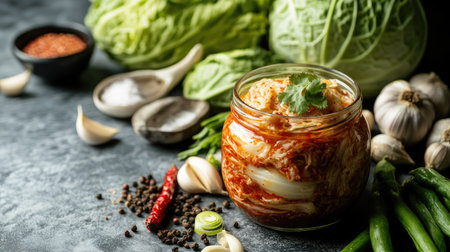 A jar of fermented kimchi made with cabbage, surrounded by fresh ingredients like garlic, chili powder, and ginger, showing the process of making this Korean staple.の素材