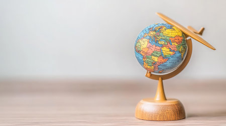 A model airplane flying over a blue ocean, with islands and continents visible below, symbolizing global travel.の素材