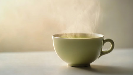 A serene image capturing steam rising from a warm cup, evoking feelings of comfort and relaxation. Ideal for cozy themes and morning rituals.の素材