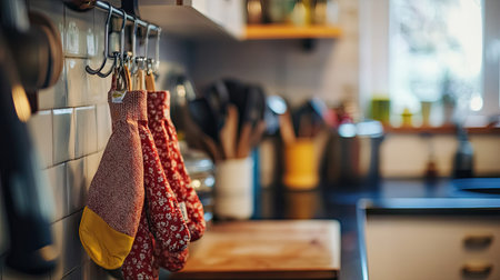 A warm kitchen scene showcasing colorful oven mitts hanging on hooks, surrounded by kitchen utensils and bright decor elements, creating an inviting atmosphere.の素材