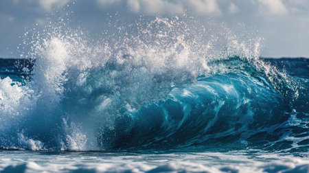 Experience the beauty of a powerful ocean wave crashing against the shore, illuminated by sunlight and set against a dramatic sky, capturing nature's splendor.の素材
