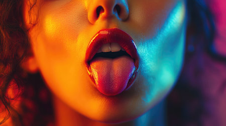 A striking close-up of a woman's face with colorful lighting, capturing a playful moment as she sticks out her tongue, showcasing vivid reflections and bold beauty.の素材