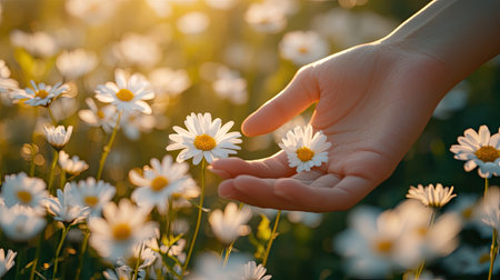 A serene scene featuring a hand reaching for delicate white daisies in a sunlit field. The interaction highlights natureの素材