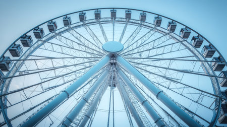 Capture the stunning view of a ferris wheel from below, showcasing its intricate design and engineering against a clear blue sky, perfect for travel and leisure themes.の素材