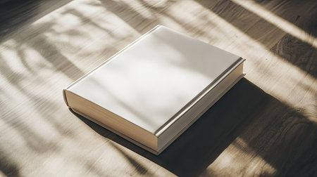 A blank hardcover book rests on a wooden surface, illuminated by gentle natural light. The soft shadows create a minimalist and serene atmosphere, perfect for creativity.の素材