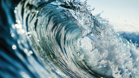 A stunning close-up view of an ocean wave showcasing powerful motion and sparkling water droplets under brilliant sunlight, capturing the essence of nature's beauty.の素材