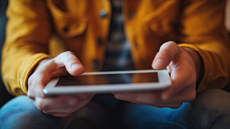 A young adult in a yellow jacket interacts with a tablet, capturing the essence of modern technology in a cozy indoor environment, emphasizing daily life activities.の素材