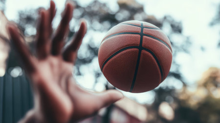 An engaging image of a basketball in mid-air, captured during an impressive shot. The moment highlights the energy of street sports and the excitement of urban play.の素材