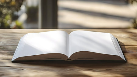 An open blank book rests on a wooden table, illuminated by soft sunlight and casting gentle shadows, evoking a serene atmosphere perfect for creative pursuits.の素材